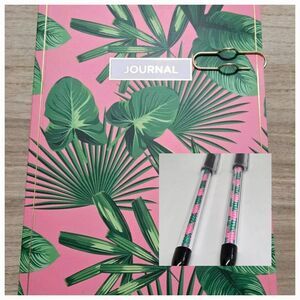 James Burke Notebook Journal Lined  7 x 10 in. Pink & Green W Pens And Holder